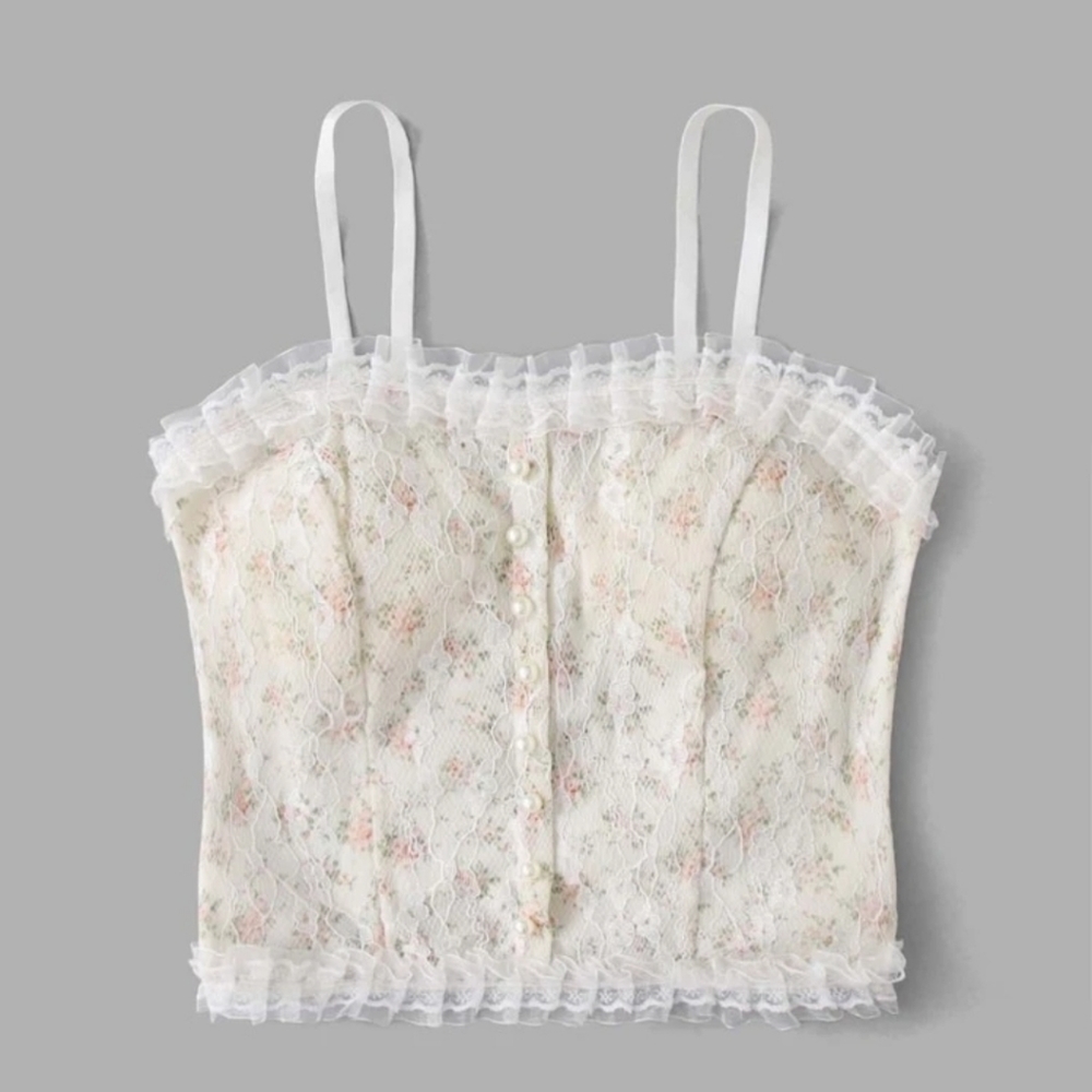 Ditsy Floral Shirred Pearls Detail Cami Top